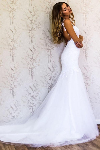 Elegant Straps Mermaid White Long Wedding Dress Bridal Gown