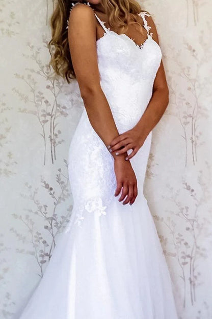 Elegant Straps Mermaid White Long Wedding Dress Bridal Gown