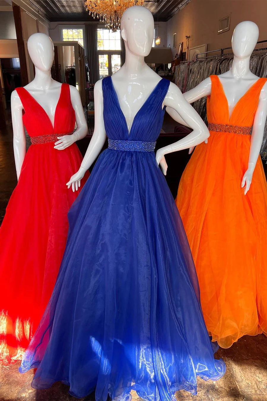 Organza Plunge V A-Line Long Formal Dress with Beaded Sash