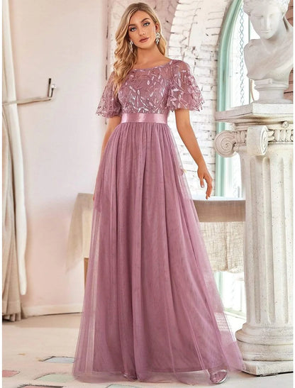 A-Line  Elegant Party Wear Prom Dress Jewel Neck Short Sleeve Floor Length Tulle with Embroidery / Illusion Sleeve