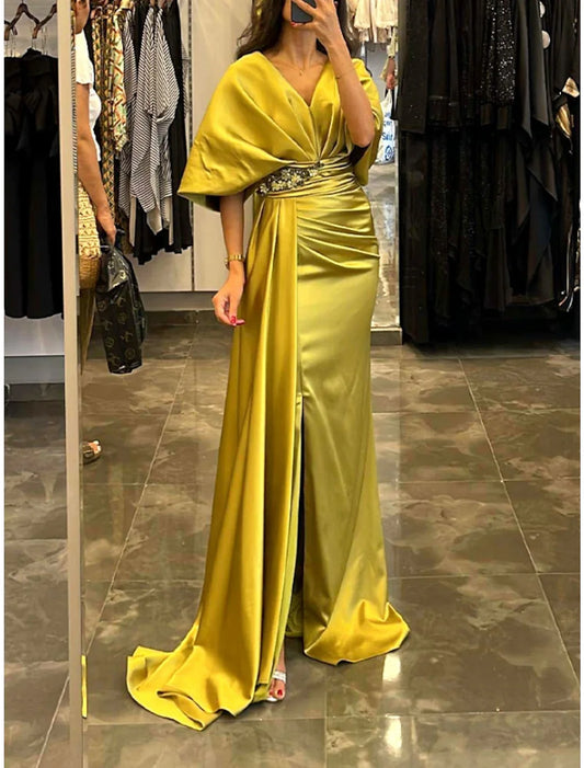 A Line V Neck Evening Gown Sweep / Brush Train Half Sleeve Satin with Pleats Ruched Crystals