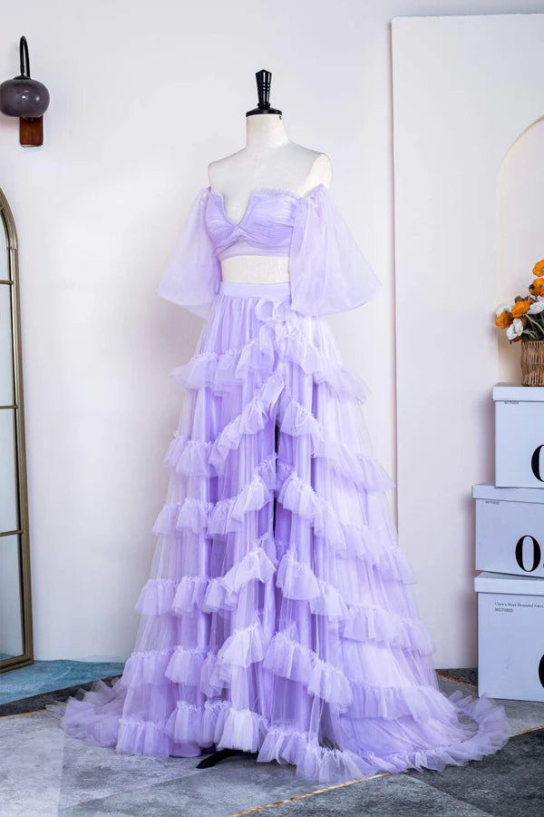 Off the Shoulder Ruffles Prom Dress with Slit