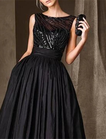 A-Line Wedding Guest Elegant Jewel Neck Floor Length Taffeta Sequined Sleeveless with Pleats