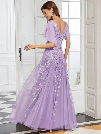 Shimmery V Neck Ruffle Sleeves Sequin Maxi Long Evening Dress/Prom Dresses Party Dresses Wedding Guest Dresses