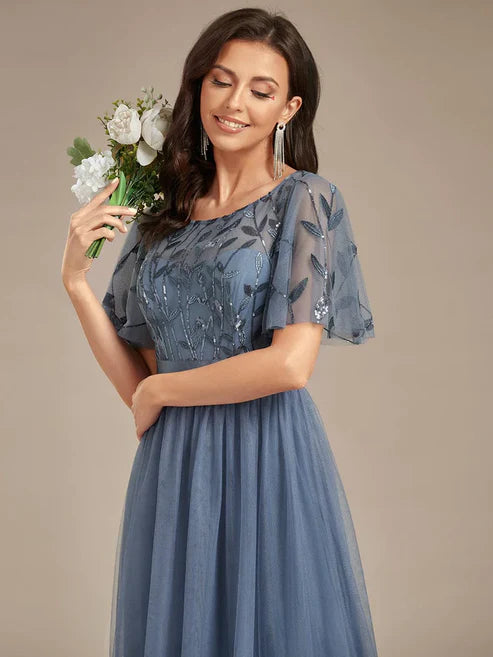 A-Line Sequin Leaf Maxi Prom Dress with Sleeves/Evening Dresses Party Dresses Wedding Guest Dresses