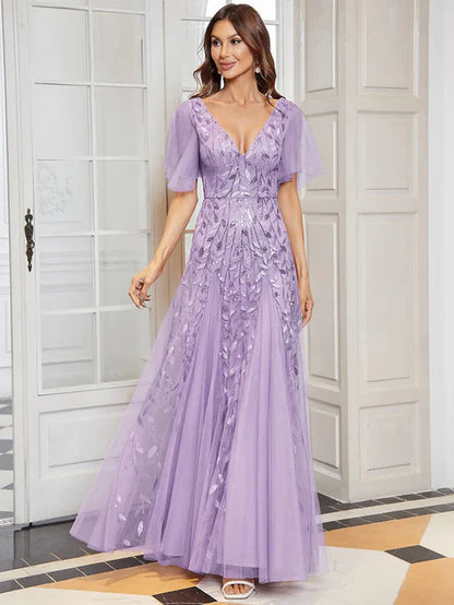 Shimmery V Neck Ruffle Sleeves Sequin Maxi Long Evening Dress/Prom Dresses Party Dresses Wedding Guest Dresses