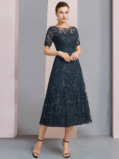 Two Piece A-Line Mother of the Bride Dress Elegant Scoop Neck Tea Length Lace Short Sleeve with Sequin AppliquesTwo Piece A-Line Mother of the Bride Dress Elegant Scoop Neck Tea Length Lace Short Sleeve with Sequin Appliques