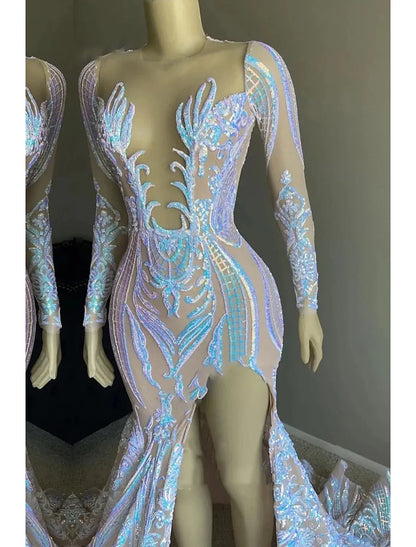 Mermaid / Trumpet Evening Gown Floral Dress Formal Chapel Train Long Sleeve V Neck Sequined Backless with Sequin Slit
