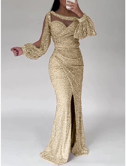 Sleek Glitter Sparking  Evening Gown Floor Length Formal Dress  Long Sleeve Scoop Neck Prom Dress with Ruched Slit