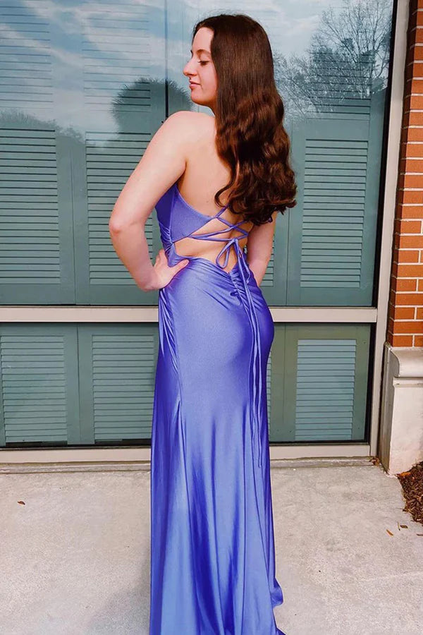 Sheath Spaghetti Straps Corset Back  Prom Dress With Split