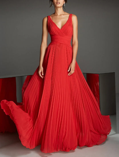 A-Line V Neck Sleeveless Formal Evening Dress Long Floor Length Chiffon with Pleats