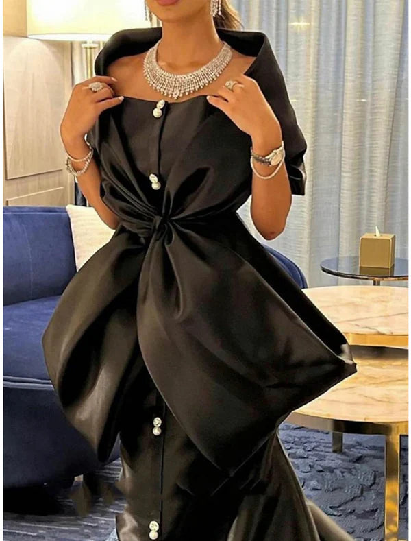 Mermaid Evening Gown Black Dress Elegant Dress Formal Court Train Half Sleeve Off Shoulder Satin with Bow(s) Slit