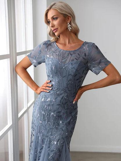 Floral Sequin Maxi Fishtail Tulle Prom Dress with Short Sleeve/From Dresses Party Dresses Wedding Guest Dresses