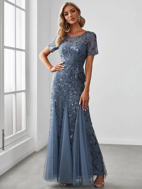 Floral Sequin Maxi Fishtail Tulle Prom Dress with Short Sleeve/From Dresses Party Dresses Wedding Guest Dresses