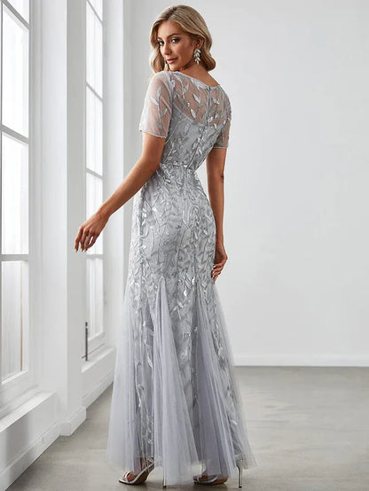 Floral Sequin Maxi Fishtail Tulle Prom Dress with Short Sleeve/From Dresses Party Dresses Wedding Guest Dresses