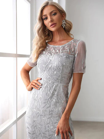 Floral Sequin Maxi Fishtail Tulle Prom Dress with Short Sleeve/From Dresses Party Dresses Wedding Guest Dresses