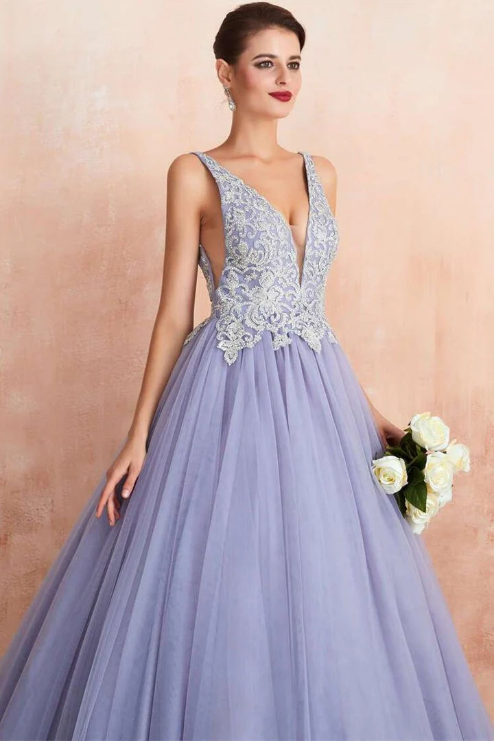 Tulle Silver Rhinestone Appliques Ball Gown Dress