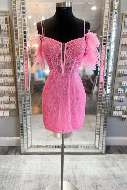 Cold-Shoulder Bodycon Short Dress with Feathers