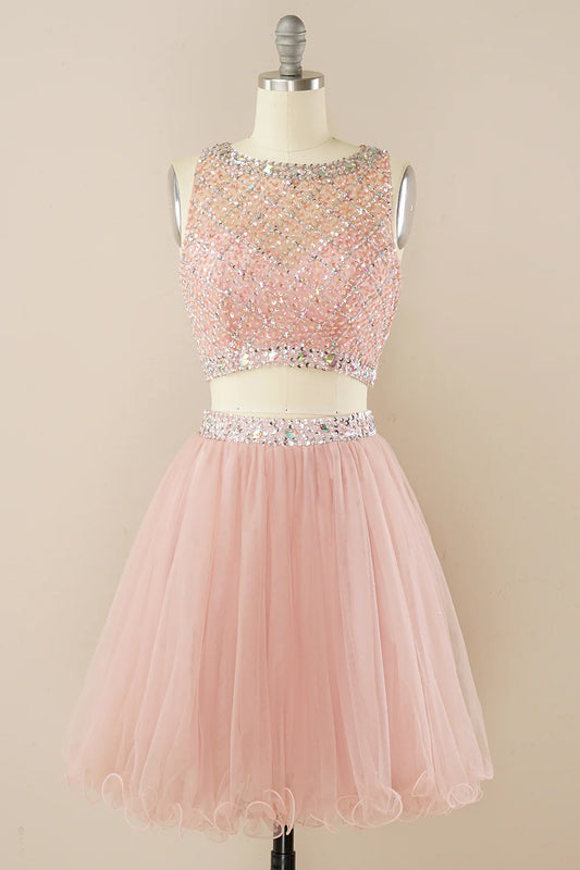 Two Pieces Blush Beading Tulle Short Homecoming Dress
