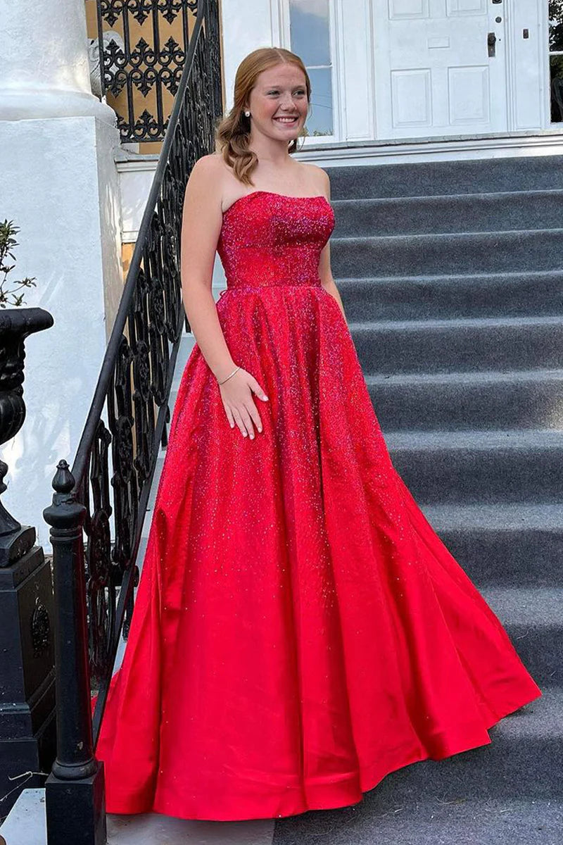 Cute Sparkly Ball Gown Red Off-the-Shoulder Satin Prom Dress with Beading