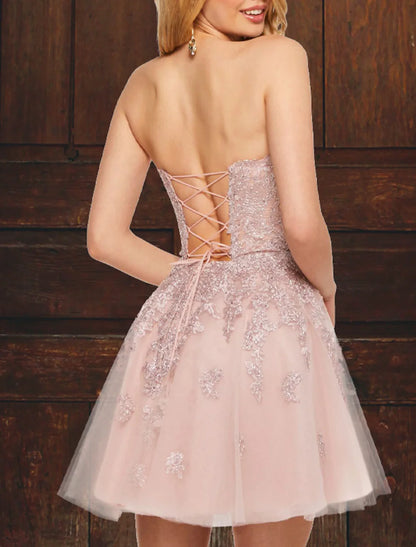 A-Line Prom Dresses Cocktail Dress Homecoming Graduation Short / Mini Sleeveless Strapless Pink Dress Tulle with Appliques