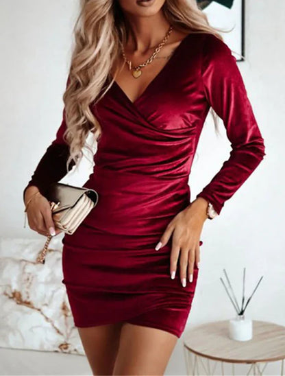 Women‘s Cocktail Party Dress Homecoming Dress Velvet Dress Long Sleeve Pure Color Ruched Winter Fall Spring V Neck Fashion Winter Dress