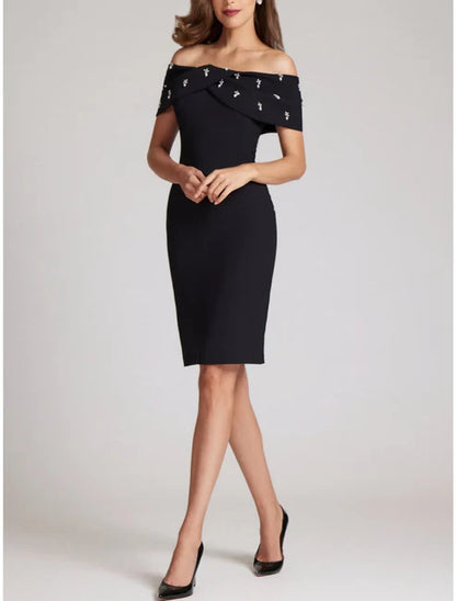 Sheath / Column Elegant Wedding Guest Dresses Elegant Dress Homecoming Knee Length Black Dress Short Sleeve Off Shoulder Stretch Fabric with Crystals
