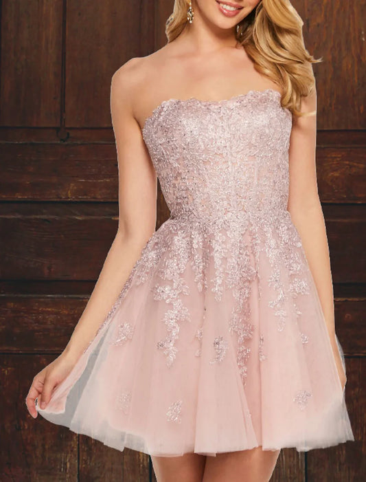 A-Line Prom Dresses Cocktail Dress Homecoming Graduation Short / Mini Sleeveless Strapless Pink Dress Tulle with Appliques