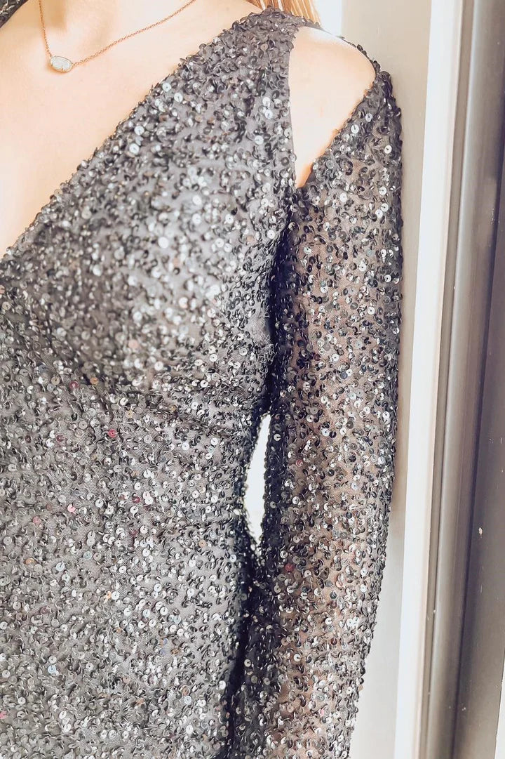 Sequin Cutout Short Party Dress with Long Sleeves