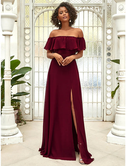A-Line Bridesmaid Dress Off Shoulder Sleeveless Elegant Floor Length Chiffon with Ruffles / Draping Slit Front