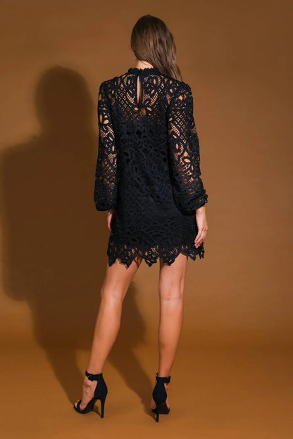 November December Wedding Guest Formal Dress Woven Lace Mini Dress Featuring High Neckline Long Sleeve Back Neck Button Closure Prom Dress