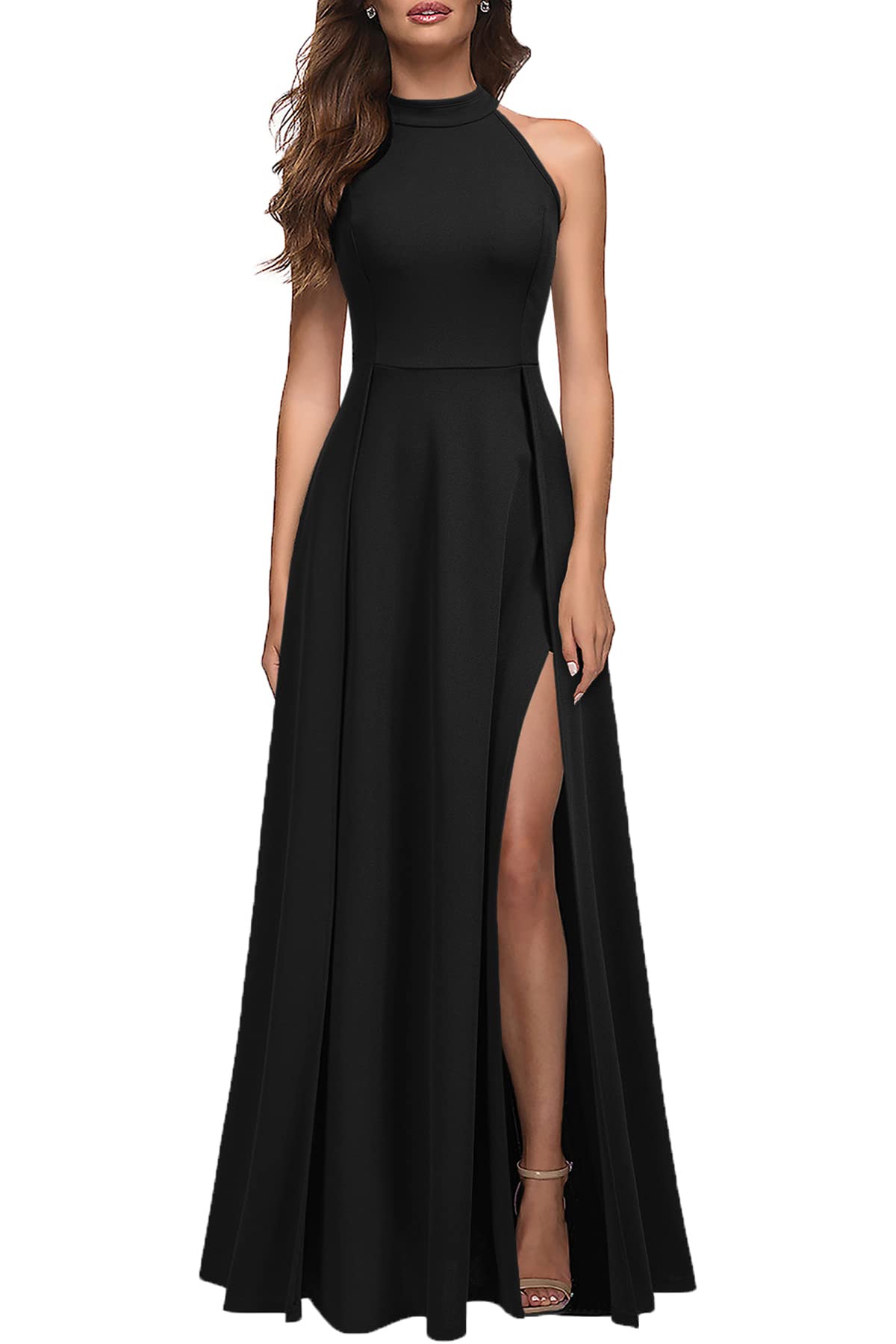 Wedding Guests Dresses Women's Halter Neck Sexy Side Fork Cocktail Party Maxi Long Prom Dresses Formal Wear Dresses