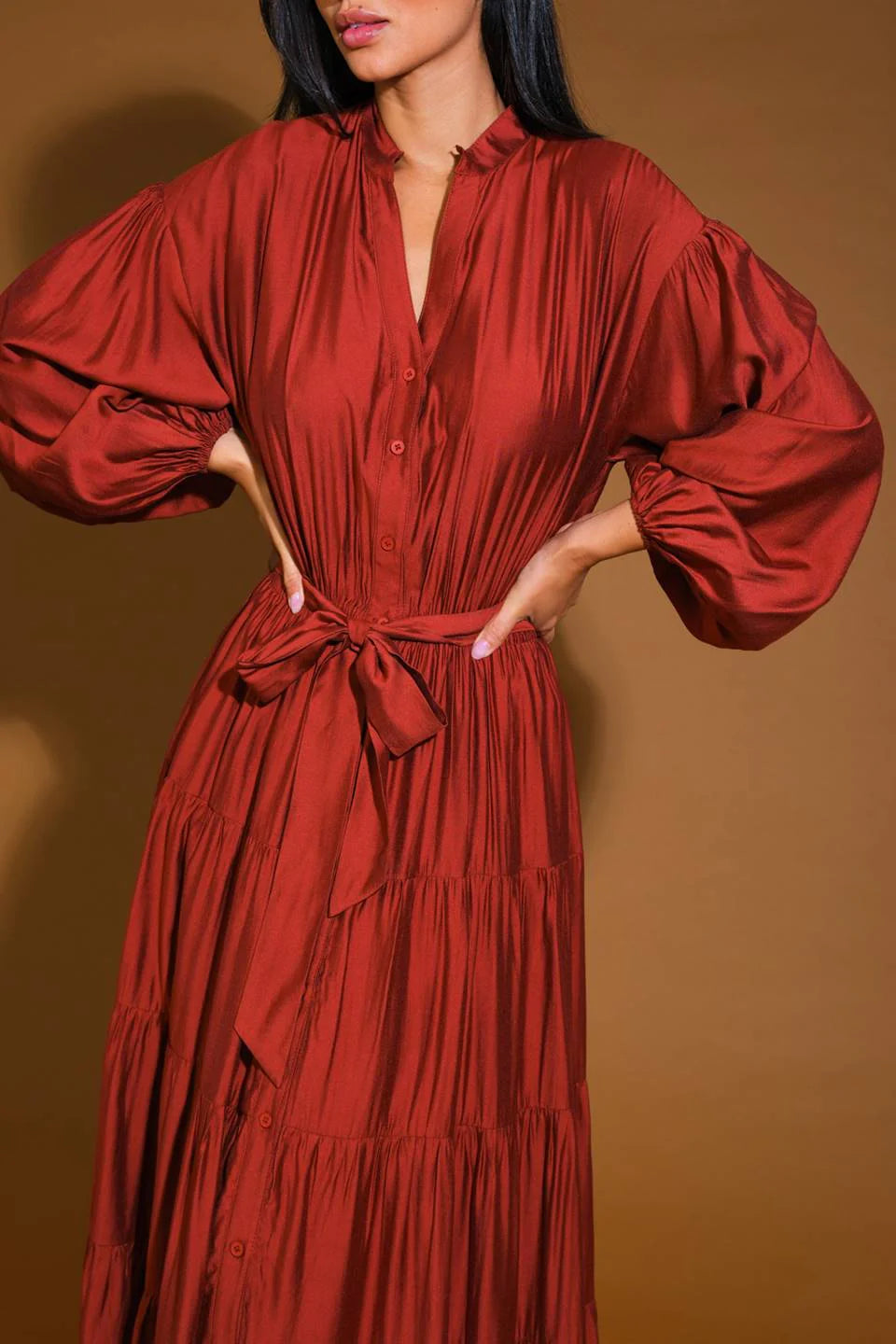 November December Wedding Guest Formal Dress V Neckline Long Sleeve Button Down Waist With Self Sash Tie Prom Dress