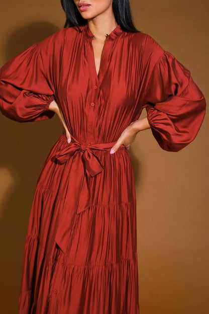 November December Wedding Guest Formal Dress V Neckline Long Sleeve Button Down Waist With Self Sash Tie Prom Dress
