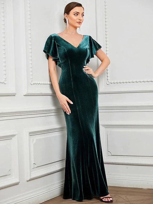 Mermaid / Trumpet Evening Gown Vintage Dress Formal Floor Length Short Sleeve V Neck Velvet V Back with Ruffles Pure Color
