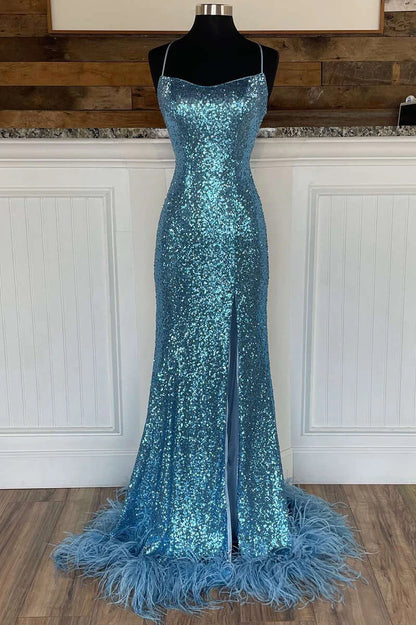 Sequins Lace-Up Feathered Long Prom Gown with Slit