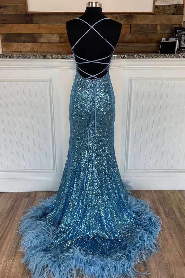 Sequins Lace-Up Feathered Long Prom Gown with Slit