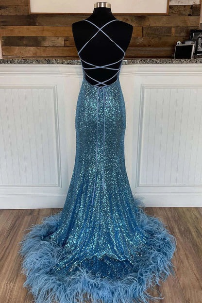 Sequins Lace-Up Feathered Long Prom Gown with Slit