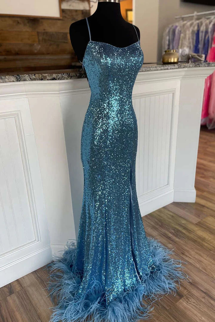 Sequins Lace-Up Feathered Long Prom Gown with Slit