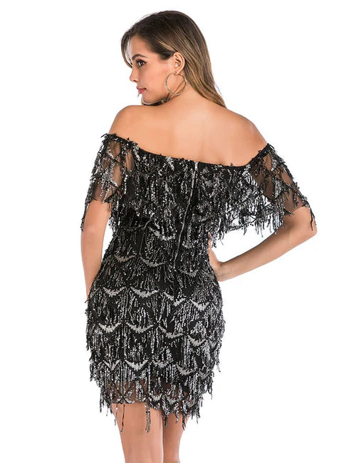 Sheath / Column Short Mini Party Dresses Flapper Dress Party Wear Valentine's Day  Short Sleeve Off Shoulder Sequined Backless with Sequin Tiered