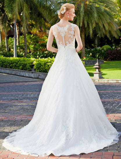 Ball Gown V Neck Regular Straps Floor Length Tulle Over Lace Bridal Gowns With Lace Appliques Wedding Dresses