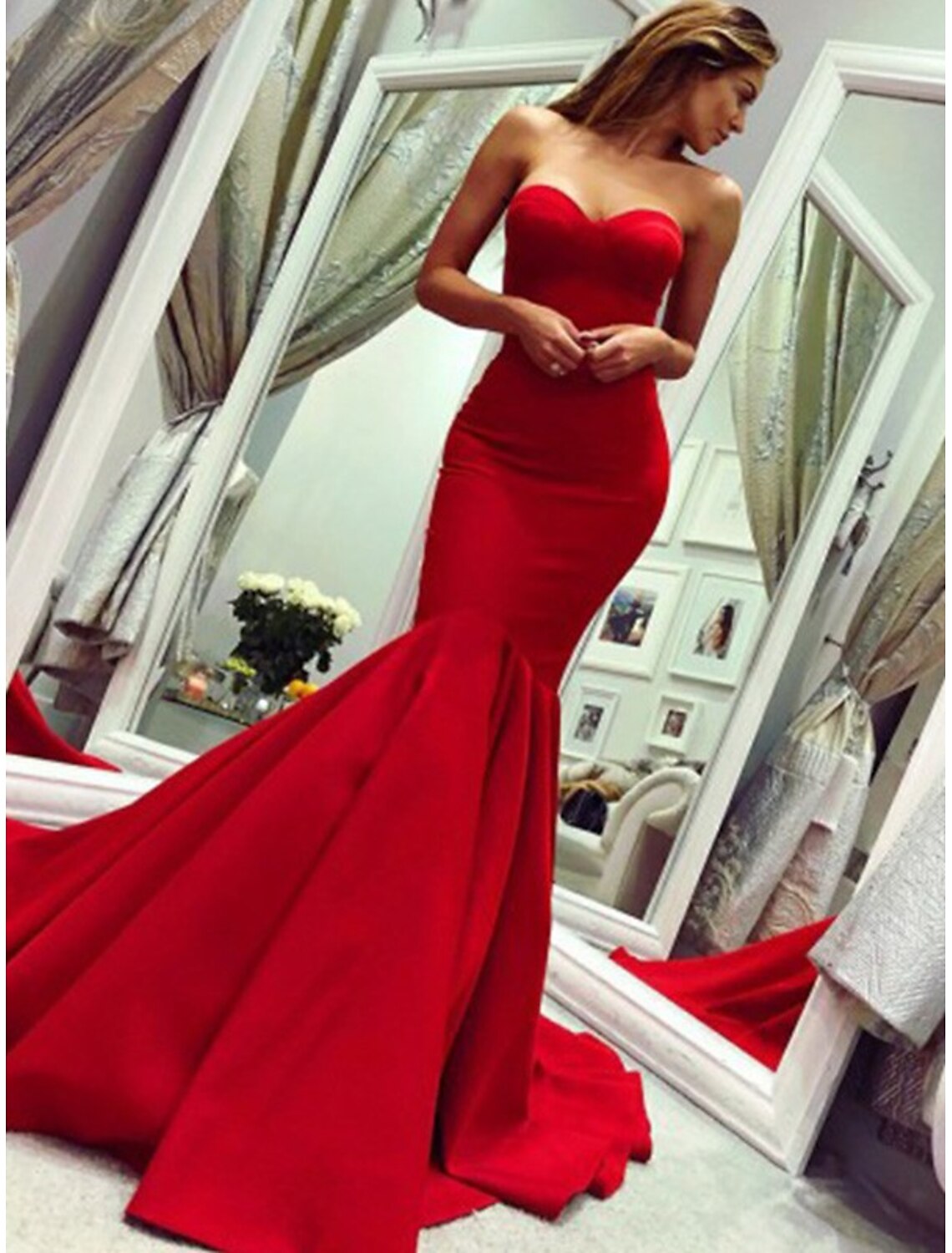 Sheath Mermaid Sleeveless Party Dress Sexy  Dress Strapless  Court Train Stretch Fabric with Pleats