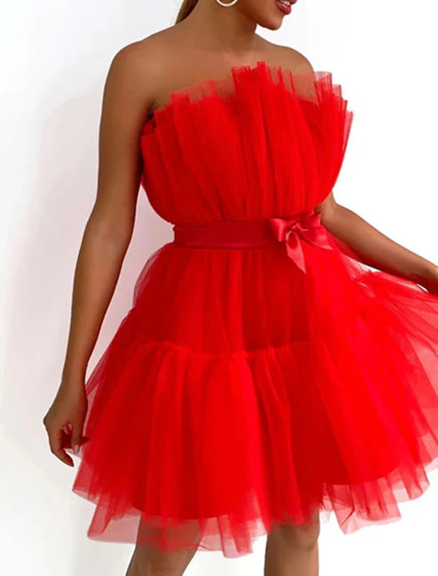 Party Dress Corset Dress Homecoming Dress Mini Dress Sleeveless Pure Color Backless Layered Mesh Strapless Party Personalized Stylish Party