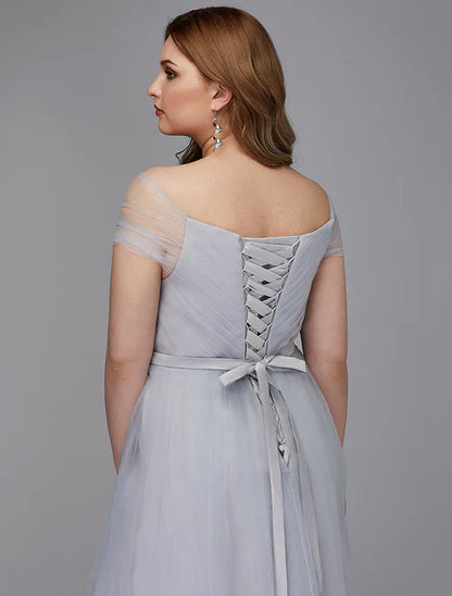 Plus Size A-Line Elegant Dress Homecoming Dresses Wedding Guest Cocktail Party Tea Length Short Sleeve Off Shoulder Tulle with Sash / Ribbon Criss Cross