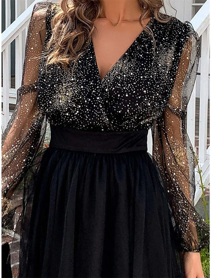Sexy Dress Party Dress Homecoming Dress Mini Dress Long Sleeve Color Block Ruched Fall Winter V Neck Fashion Winter Dress Black Cocktail Dress
