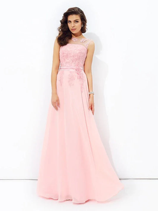 A-Line Prom Dresses Formal Floor Length Sleeveless Jewel Neck Chiffon with Appliques