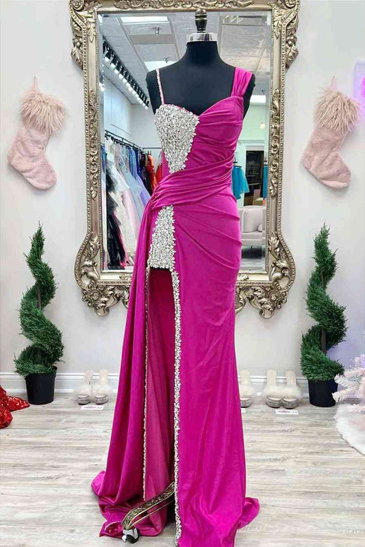 Sweep/Brush Train Dresses  Fuchsia Beaded Long Prom Dress