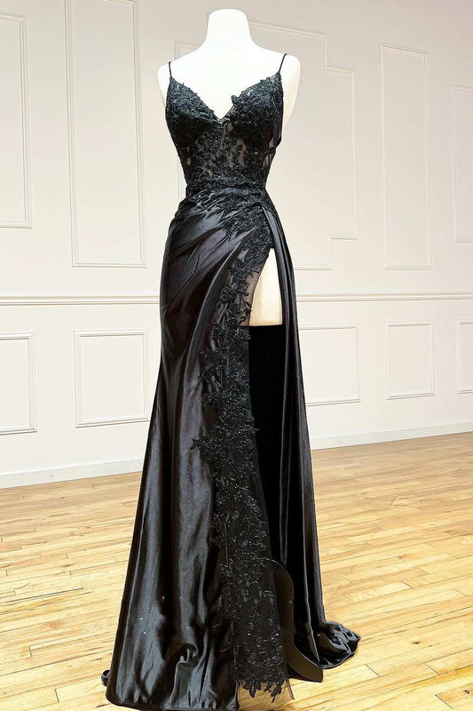 Sweep/Brush Train Dresses Black Spaghetti Straps Long Appliques Prom Dress With Slit