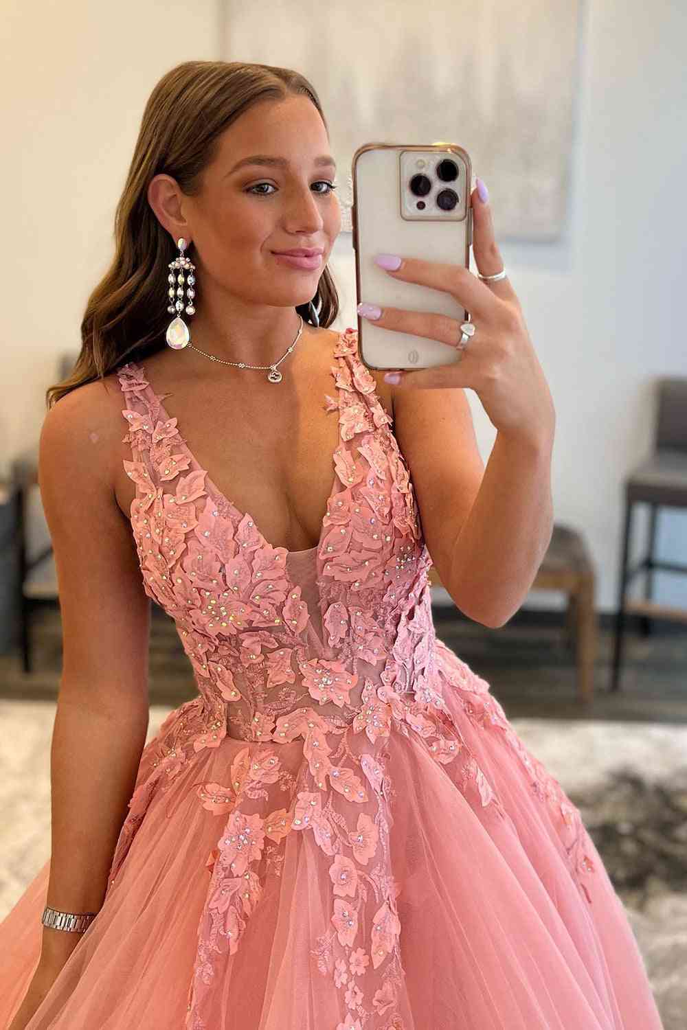 A-Line Princess Coral Pink Floor Length V-Neck Long Prom Dress with Appliques