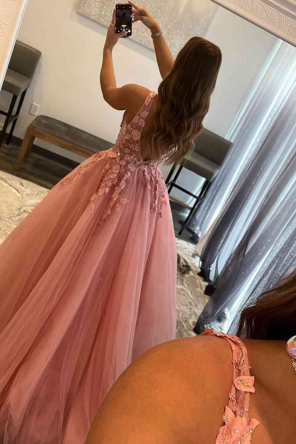 A-Line Princess Coral Pink Floor Length V-Neck Long Prom Dress with Appliques